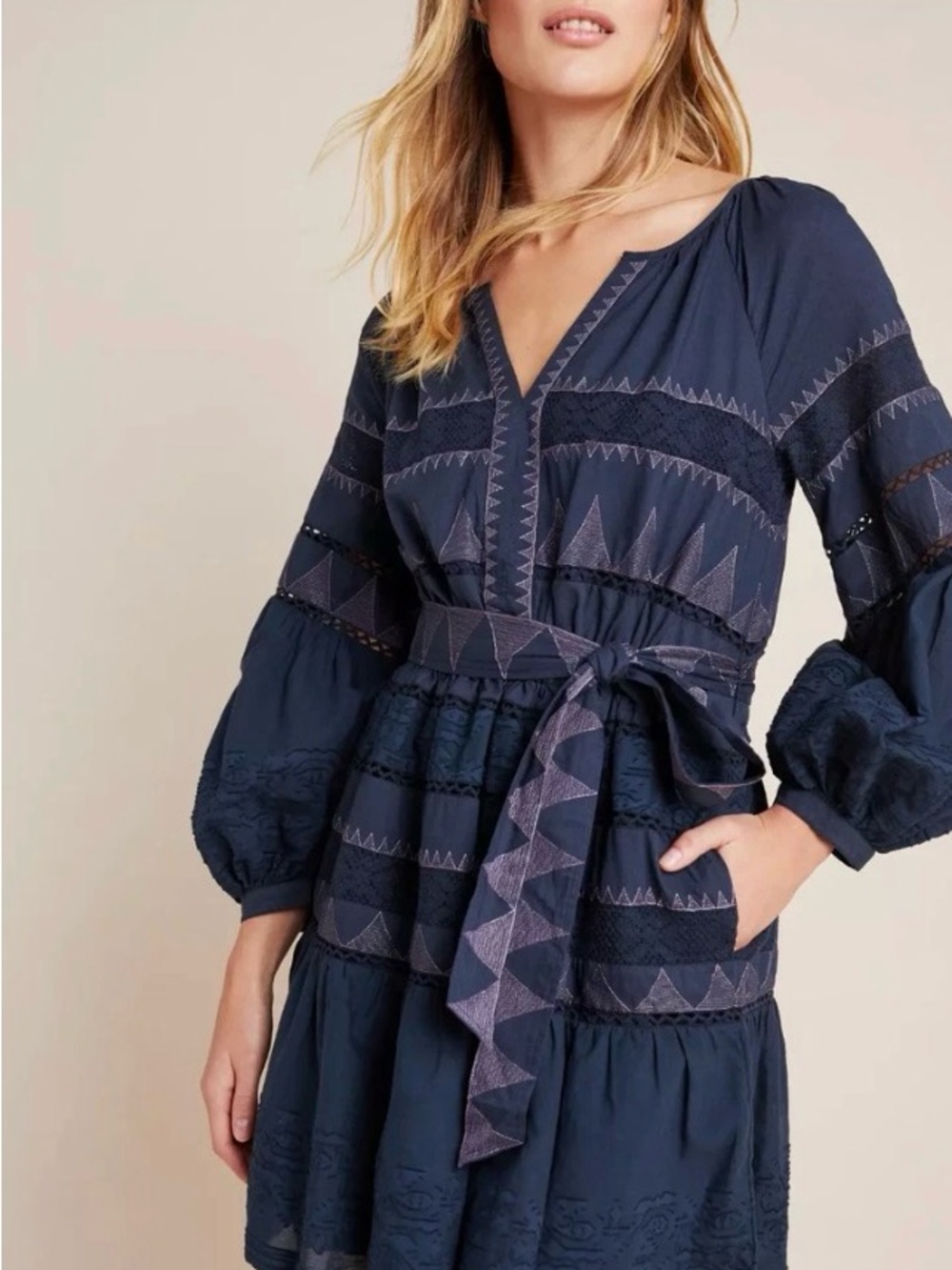 0235 Anthropologie Sky Navy Embroidered V-Neck Tie-Waist Mini Dress